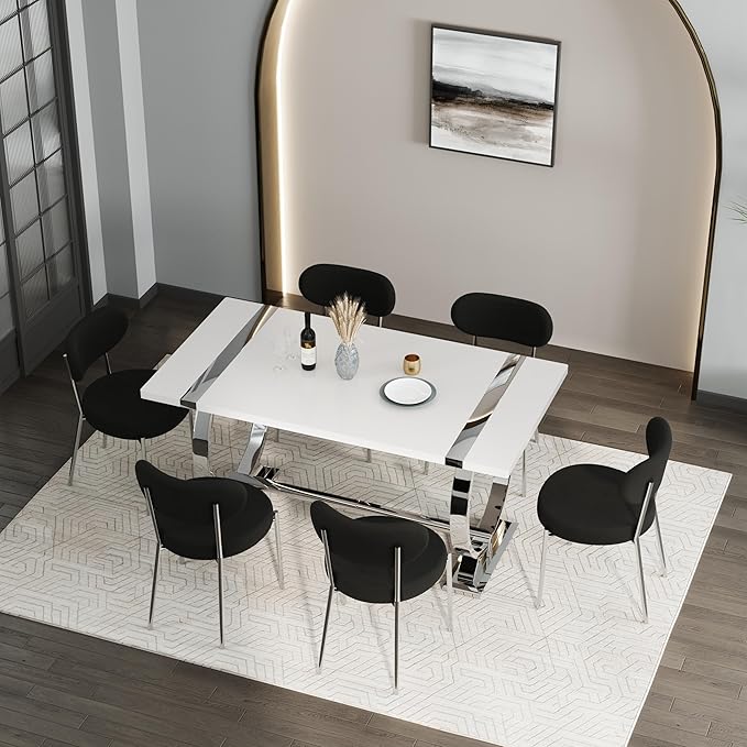 ACEDÉCOR 60in White and Silver Dining Table for 4-6, Modern Luxury Kitchen Room Table with Rectangular Lacquer Top and Silver Stainless Steel Circle Base