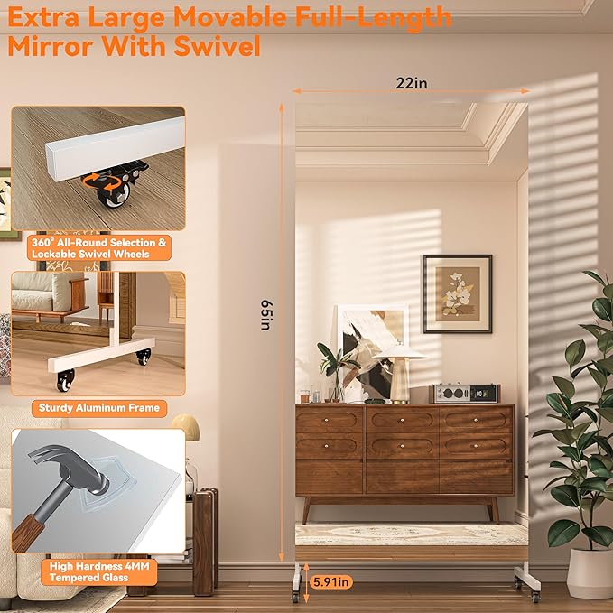 Hasipu Home Gym Mirror 360° Swivel on Wheels, 65" x 22" Extra Large Full Body Rolling Mirror for Yoga Studio, Bedroom, Dancing Studio, White