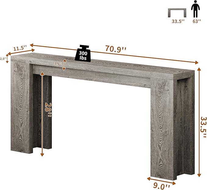 70.9 Inch Extra Long Console Table, Farmhouse Entryway Table with Thickened Base, Wood Sofa Table Behind Couch Table, Narrow Entry Way Accent Table for Living Room, Hallway, Entrance, Foyer, Grey