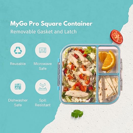MyGo Pro Square Container, 3-Compartment Clear Heavy Duty Plastic Food Storage Container, Portable Sleek Design, Spill-Resistant with Removable Gasket, 7.25" L X 7.25" W X 2" H