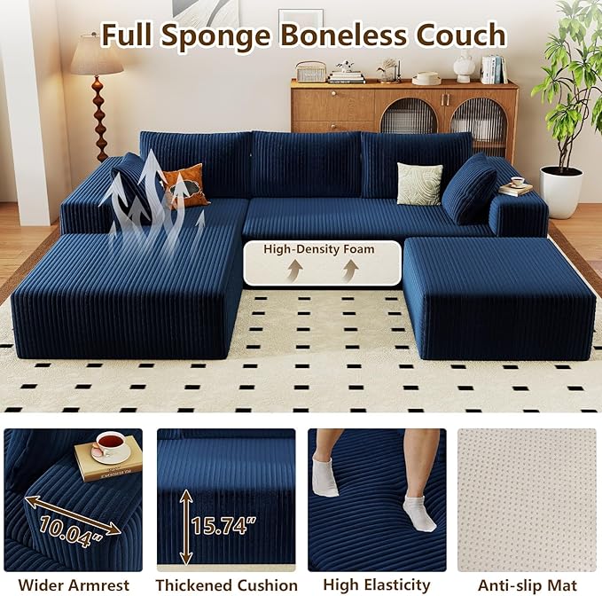 96" U-Shape Cloud Couch, Modern Modular Sectional L-Shape Sofa with Ottoman, Corduroy Upholstered Couches Deep Seat Sleeper Chaise Longue for Living Room, No Assembly Required(Blue, Left Facing)