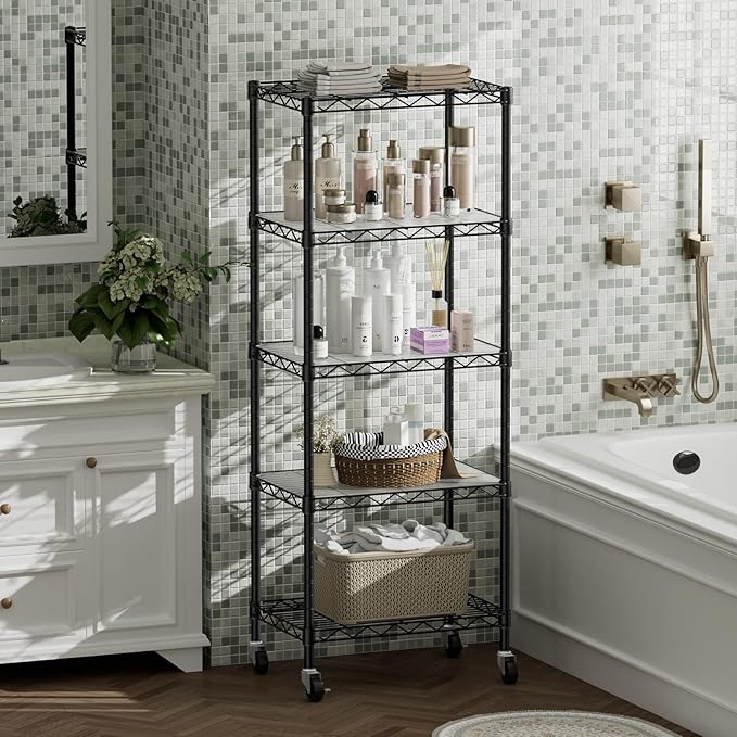 SINGAYE 5 Shelves Storage Shelf Wire Closet Bathroom Organizers Metal Pantry Kitchen Small Garage Shelving Unit Laundry Room Organization Home Narrow Rack Net Basket with Wheels Black
