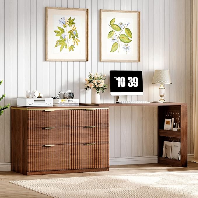 L Shaped Standing Desk,47" Home Office Desks, Executive, Farmhouse Computer Desk with 6 Drawers File Drawer, Rustic Computer Writing, Walnut