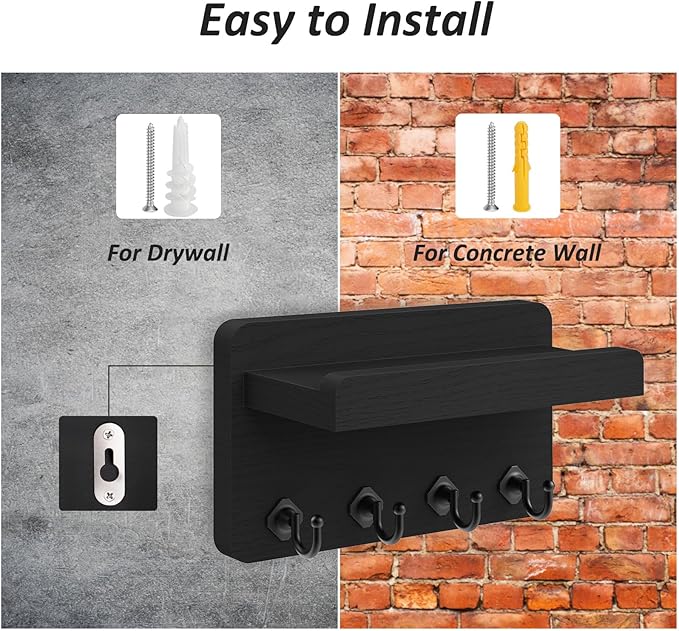 Nekon Key Holder Wall Mount, 8.5 Inch Small Home Decor Wooden Wall Organizer with 4 Hooks and Shelf, Key and Mail Holder for Living Room Entryway Kitchen (Black)