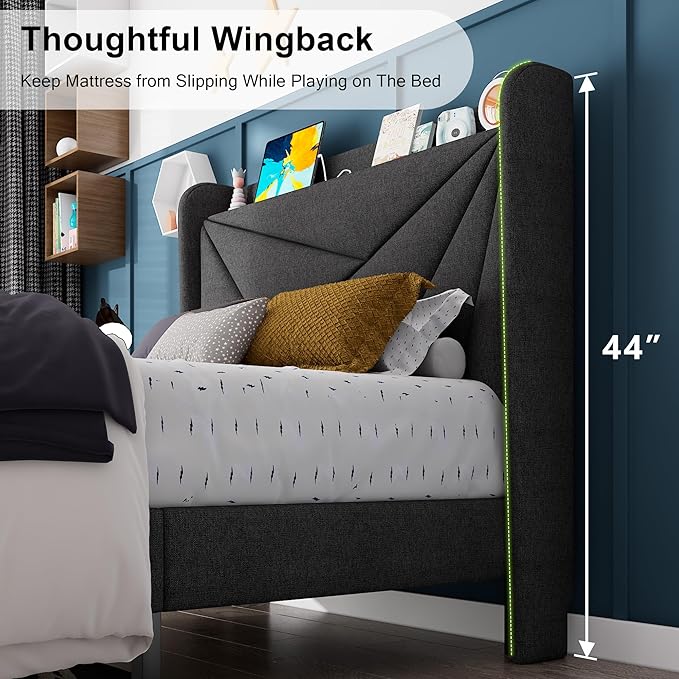 Feonase Twin Size Bed Frame with Charging Station, Upholstered Linen Bedframe with Wingback Headboard, Solid Wood Slats Support, No Box Spring Needed, Noise Free, Charcoal Grey