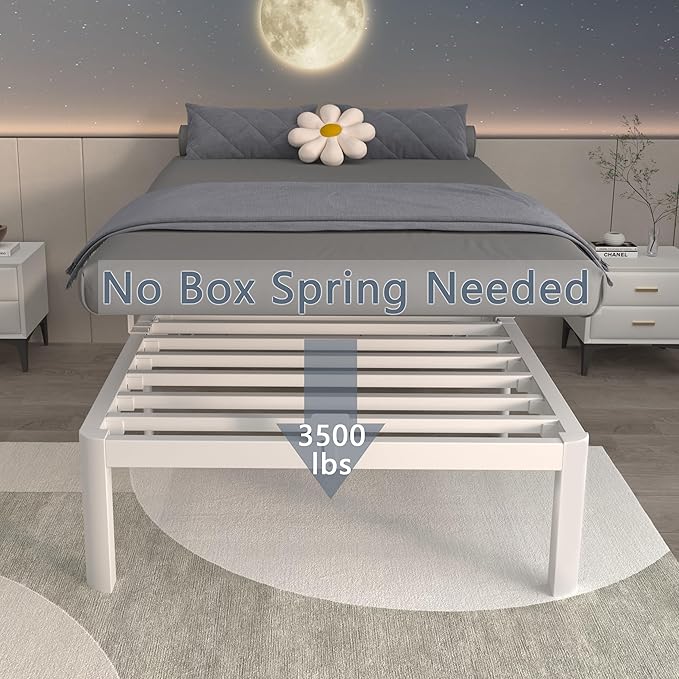 ITIMIDI 14 Inch Twin White Bed Frames, Metal Twin Platform Bed Frame with Round Corner Legs, Heavy Duty Steel Support 3500 LBS, Storage Space, No Box Spring Needed, Noise Free, Easy Assembly