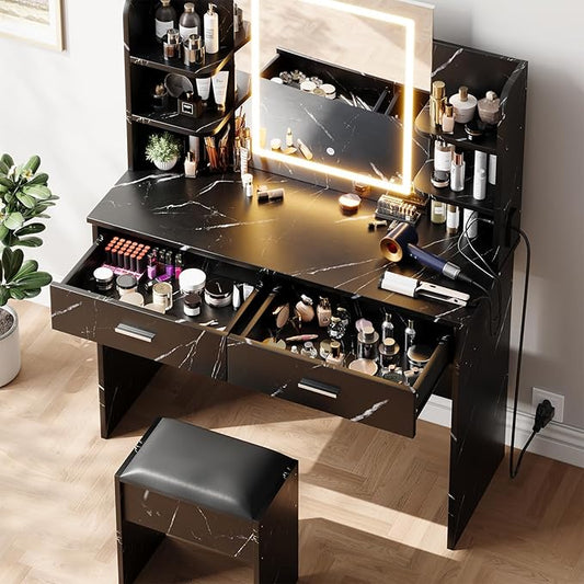 GAOMON Makeup Vanity Desk with Lights and Mirror, Vanity Table with 3 Lighting Modes, Storage Drawer, Shelves, Charging Station and Included Stool for Bedroom, Marble Black