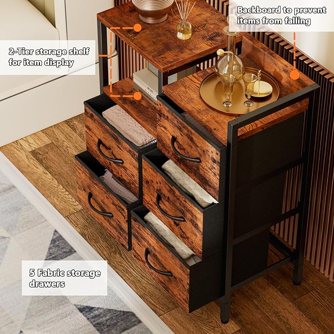 Furnulem 5 Drawer Rustic Brown Dressers for Bedroom 2 Tier Shelf Storage Small Fabric Dresser for Closet Sturdy Metal Frame Modern Style Storage Cabinets Organization Units for Hallway Rooms