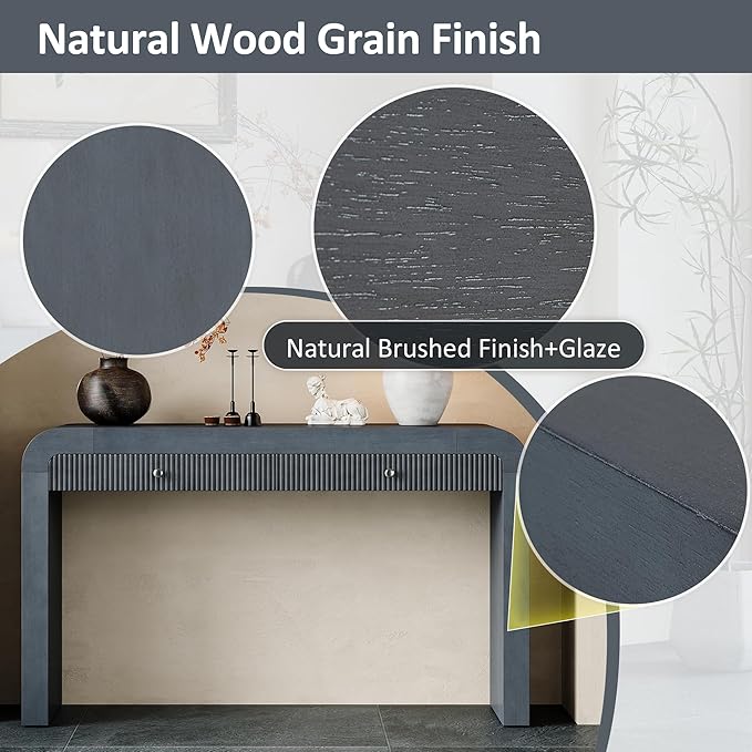 54.3" Curved Console Table with Fluted Drawer, Rustic Entryway Table and Thick Legs, Sturdy Sofa Table for Hallway & Living Room Wood (Dark Navy)