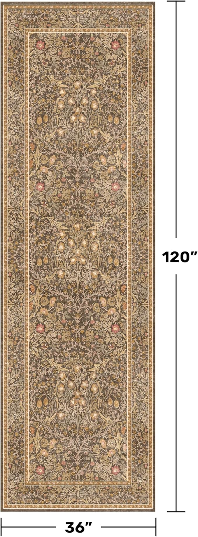 3x10 Long Runner Rugs for Hallway Non Slip, Geometric Floral Design Washable 10ft Oriental Rug for Entryway, Kitchen, Vintage Indoor Décor, Brown Low Pile Stain Resistant Carpet