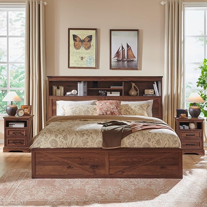ACCOHOHO Farmhouse King Size Bed Frame with 52" Tall Storage Headboard and LED Light,Wood Platform Bed Frame with 4 Drawers and Charging Station,Solid Wood Slats Support,No Box Spring Needed,Brown
