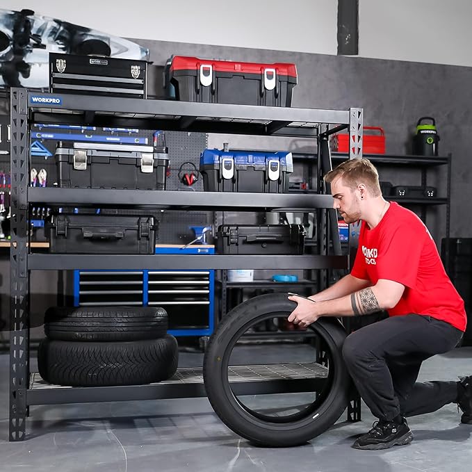 WORKPRO 77" Garage Shelving Unit, 8000LBS Heavy Duty Metal Storage Rack, Extra Wide Adjustable 4-Tier Shelves for Warehouse, Basement, and Garage, 77" W X 24" D X 72" H, Black