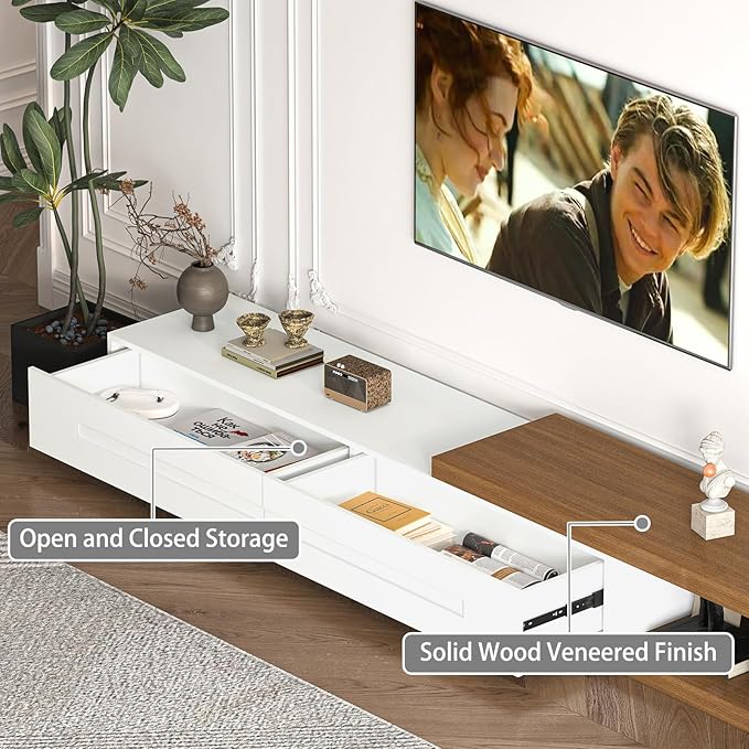 80’’-115’’ Extendable TV Stand for 120 Inch TV, Walnut Wood Modern Entertainment Center, Rectangle TV Console Table, Extendable, White