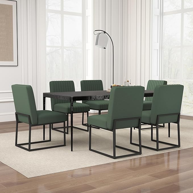 VKNOW Upholstered Dining Chairs Set of 6, Modern Dining Room Chairs with Stripe, Linen Kitchen Chair Dinner Chair with Black Metal Base for Kitchen Office, Green