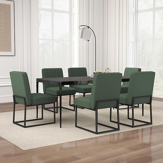 VKNOW Upholstered Dining Chairs Set of 6, Modern Dining Room Chairs with Stripe, Linen Kitchen Chair Dinner Chair with Black Metal Base for Kitchen Office, Green