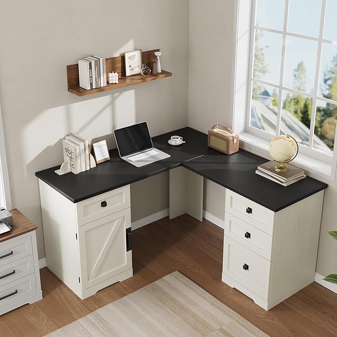 GarveeHome 60" Executive L Shaped Desk, Farmhouse Home Office Desk with File Drawers and Storage Cabinet, Corner Computer Desk with Adjustable Side Storage Cabinet (Black)