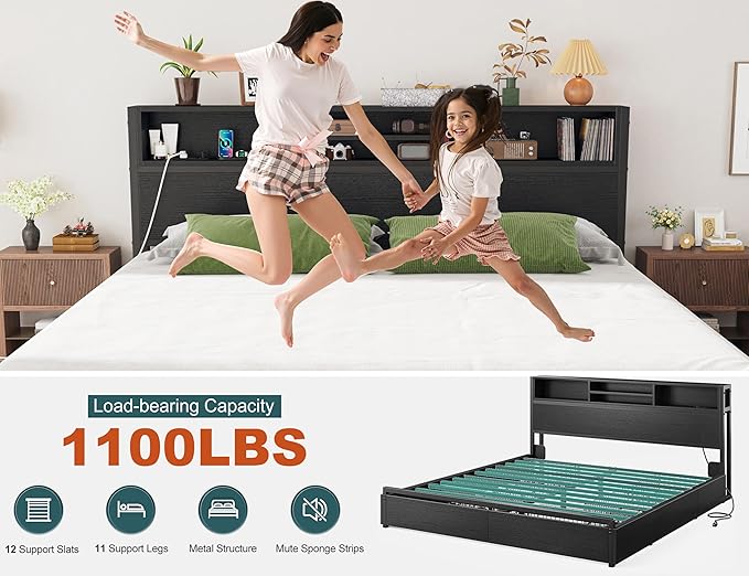 EnHomee King Size Bed Frame with 6 Storage Drawers King Bed Frame and Headboard, Storage Bed with Charging Station, No Noise,No Box Springs Needed,Black