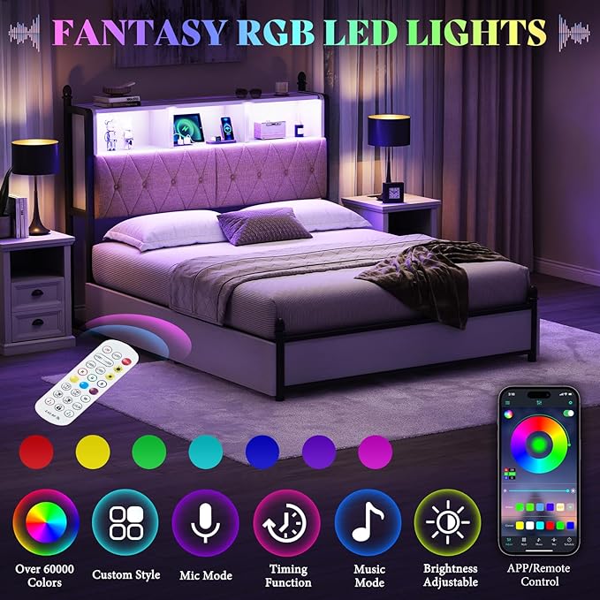 AMERLIFE Full Size Bed Frame with Bookcase Headboard and 4 Storage Drawers, Wooden Platform Bed with Charging Station and LED Light, No Box Spring Needed/Noise-Free, White