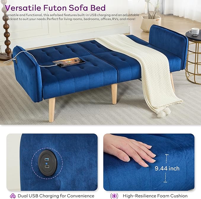 TYBOATLE 65" W Velvet Modern Convertible Folding Futon Couch Sofa Bed w/ 2 USB Charging Ports for Compact Living Space, Small Couches for Office, Dorm, RV Room, Apartment, Bedroom (Navy Blue)