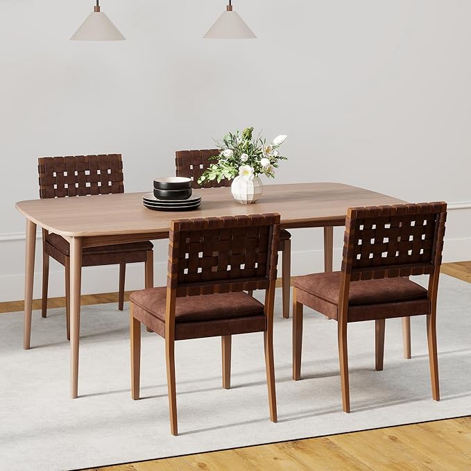 Woven Faux Leather Dining Chairs Set of 4, Farmhouse Upholstered Kitchen Chairs with Wooden Legs Armless Accent Side Chairs for Dining Room/Restaurant, Brown