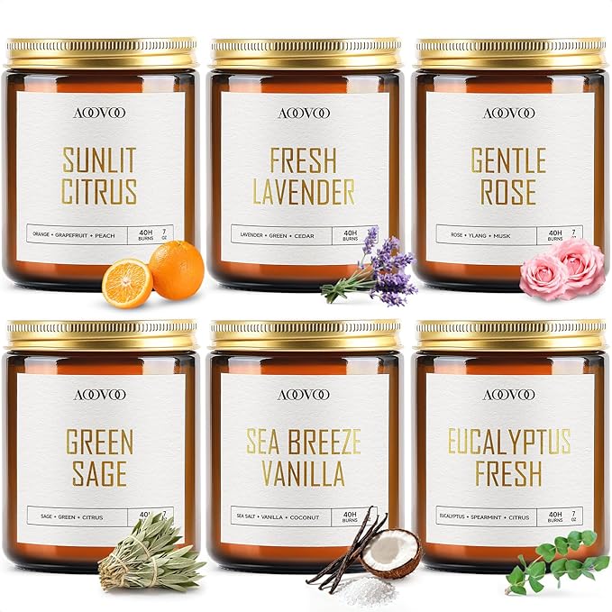 AOOVOO Candles Set - 6PC Scented Candles, Soy Candle, Aromatherapy Candle, Soy Wax Candle, Candle for Home Scented, Lavender/Vanilla/Eucalyptus/Sage/Citrus/Rose