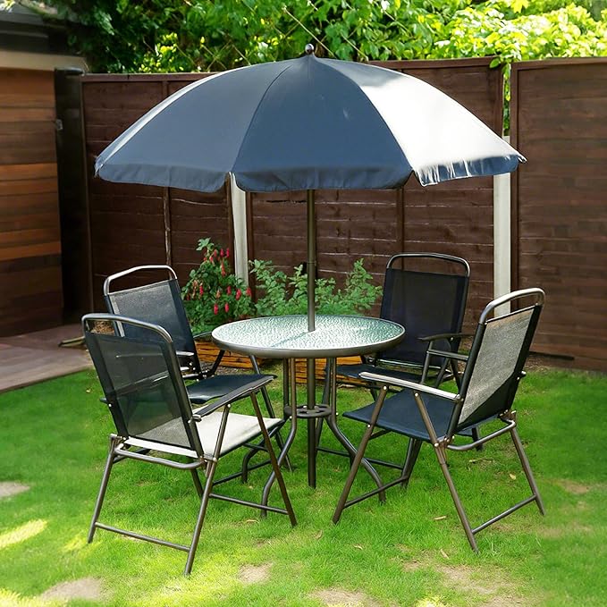 Outsunny 6 Piece Patio Dining Set for 4 with Umbrella, Outdoor Table and Chairs with 4 Folding Dining Chairs & Round Glass Table for Garden, Backyard and Poolside, Black