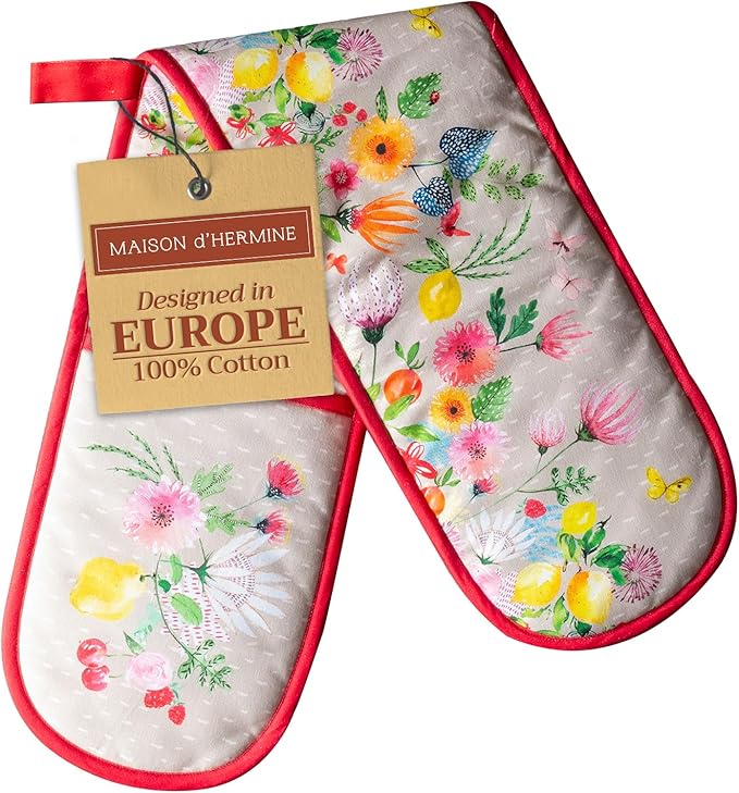 Maison d' Hermine Double Oven Mitts 100% Cotton 7"x35" Double Oven Mitt Heat Resistant BBQ Cooking Gloves with Loop, Baking, Grilling, Kitchen, Handling Hot Pans Spring Summer (Jardin D'Ete - Fog)