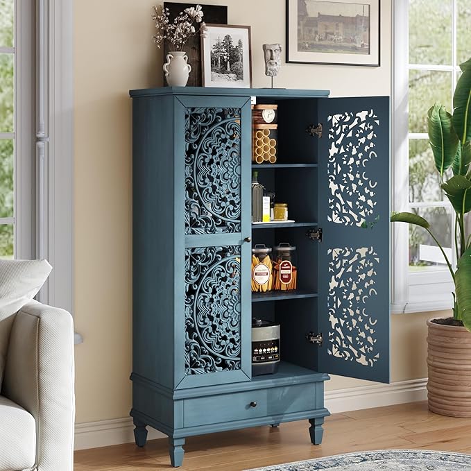 Rustic 55'' Tall Storage Cabinet with 2 Hollow-Carved Doors a Drawer, Wood Accent Cabinet with Solid Wood Legs for Living Room, Hallway, Dining Room (Antique Blue-T)