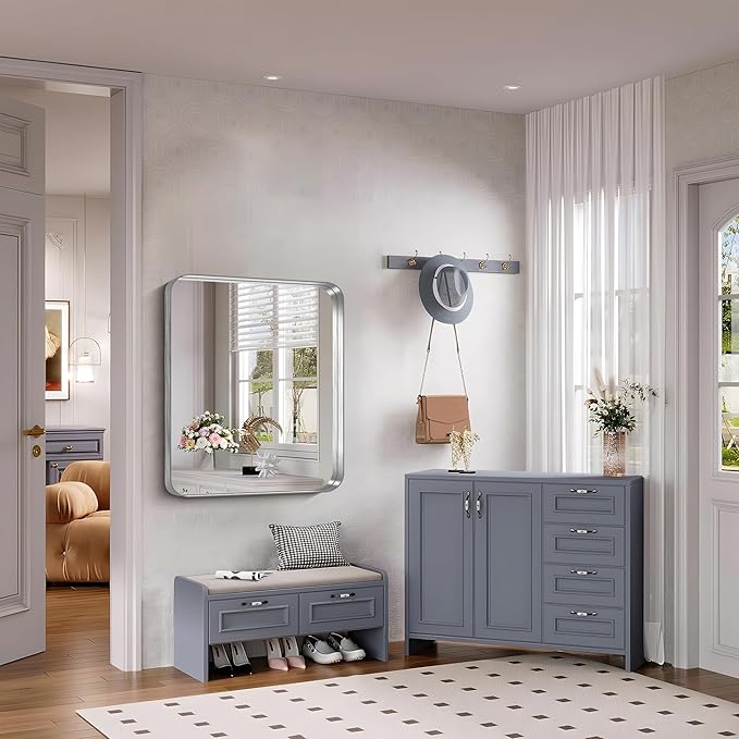 FORBATH 30x36 Inch Bathroom Mirror, Brushed Silver Deep Frame Wall Mirror with Rounded Corners, Anti-Rust Tempered Glass for Modern Farmhouse Vanity (Horizontal/Vertical Hanging)