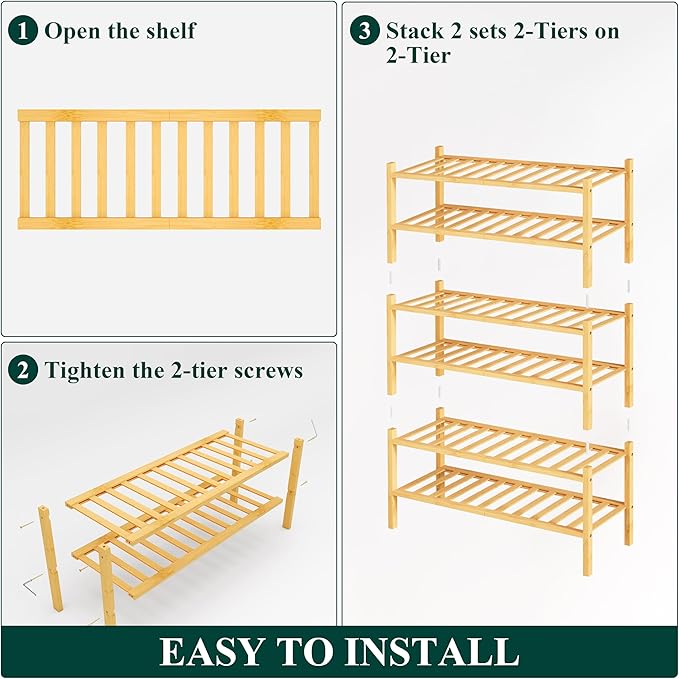 Smiry Shoe Rack, 6 Tier Bamboo Shoe Organizer, Stackable Free Standing Wooden Shoe Storage Shelf for Closet, Entryway, Front Door Entrance, Natural