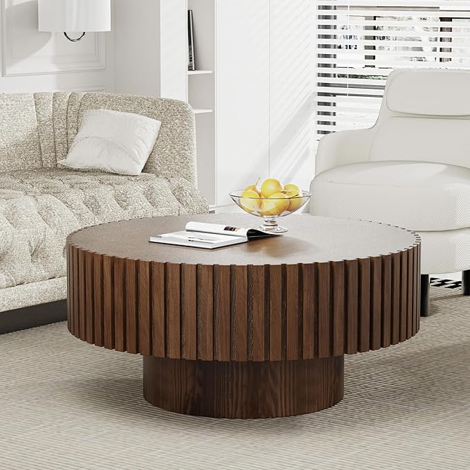 Fluted Coffee Tables 31.5" Round Wood Coffee Table Modern Handcraft Drum Coffee Table with Sturdy Pedestal Unique Coffee Tables for Living Room Home Office (Round Brown)