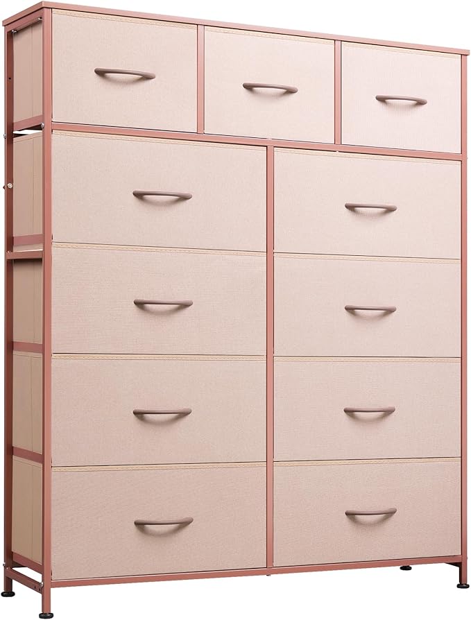 WLIVE Storage Organizer Unit with 11 Fabric Bins, Storage Drawers Organizer with Steel Frame, Tall Storage Tower Organizaton for Living Room, Hallway, Office, Office, Pink