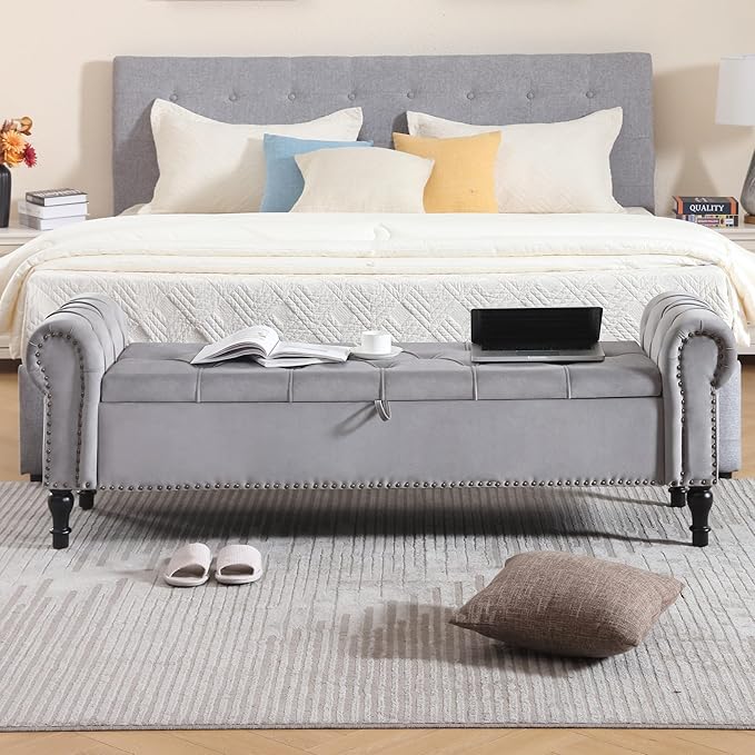 Velvet Storage Bench 67 Inch Upholstered Tufted Ottoman Bench with Arms King Size End of Bed Bench for Bedroom Living Room Entryway Grey