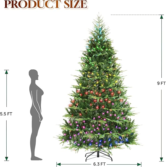 HOLLO STAR 9 ft Prelit Christmas Tree with 1200 LED Lights, App Control, Aspen Artificial Christmas Tree, Multi-Color RGBW Lights, 4432 PE & PVC Branch Tips, for Home, Party
