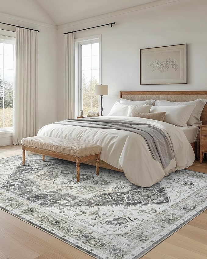 AMADA HOMEFURNISHING Grey 8x10 Area Rug, Washable Low-Profile Large Area Rug with Non-Slip Backing & Durable Edge Binding, Vintage Large Rugs for Living Room, Bedroom