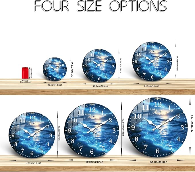 Beach Wall Clock 12 inch Battery Operated Modern Blue Wall-Clock Sea Star Pattern Clocks Analog Wooden Clock Non Ticking for Bedroom, Office Decor