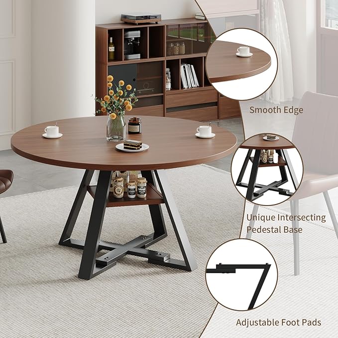 Walnut Round Dining Table Set for 4, Mid-Century Modern Kitchen Table and Chairs, Small Space Dining Room Furniture for Apartment, Breakfast Nook or Studio (Boxwood-Storage Table+4 Brown Chairs)