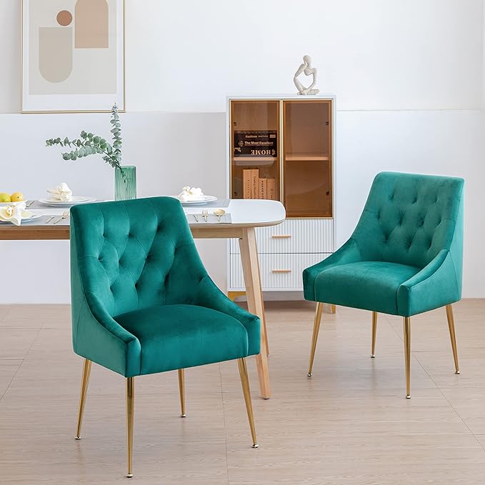Modern Dining Chair Set of 2, Mid-Century Room Chair, Upholstered Comfortable Velvet with Back Pull Rod and Metal Legs for Kitchen, Dining, Living (Green), (DYXSD)