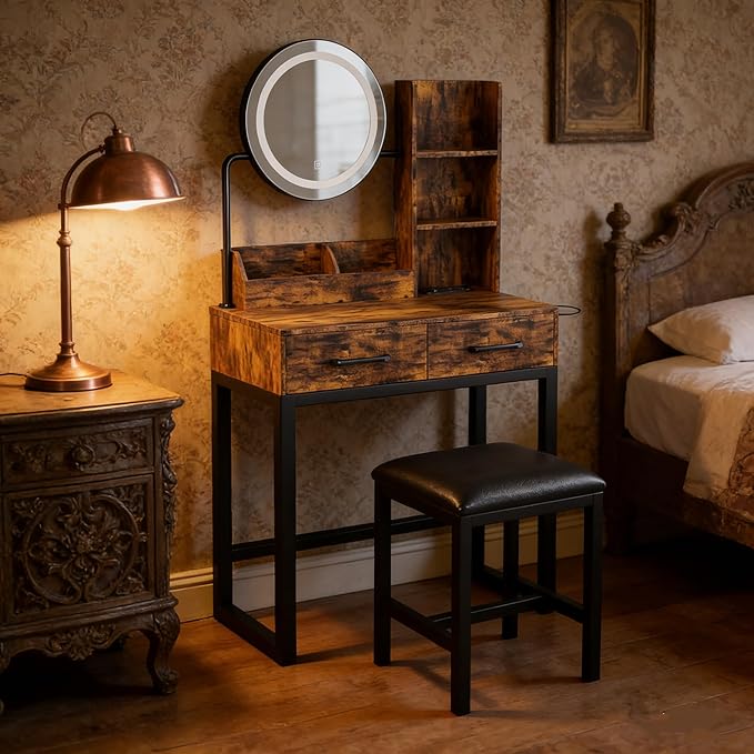 Ball & Cast Vanity Desk with Mirror & Power Outlet,3 Dimmable Colors Light Small Makeup Vanity Table Set with 2 Large Drawers & Chair,Adjustable Brightness Dressing Table for Women Girls Bedroom