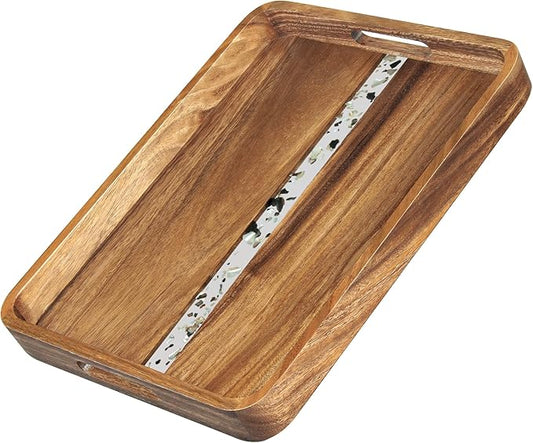 Acacia Wood Serving Tray with Handles, 17’’x13’’ Rectangular Decorative Ottoman Tray for Living Room, Coffee Table Tray for Decor, Breakfast in Bed