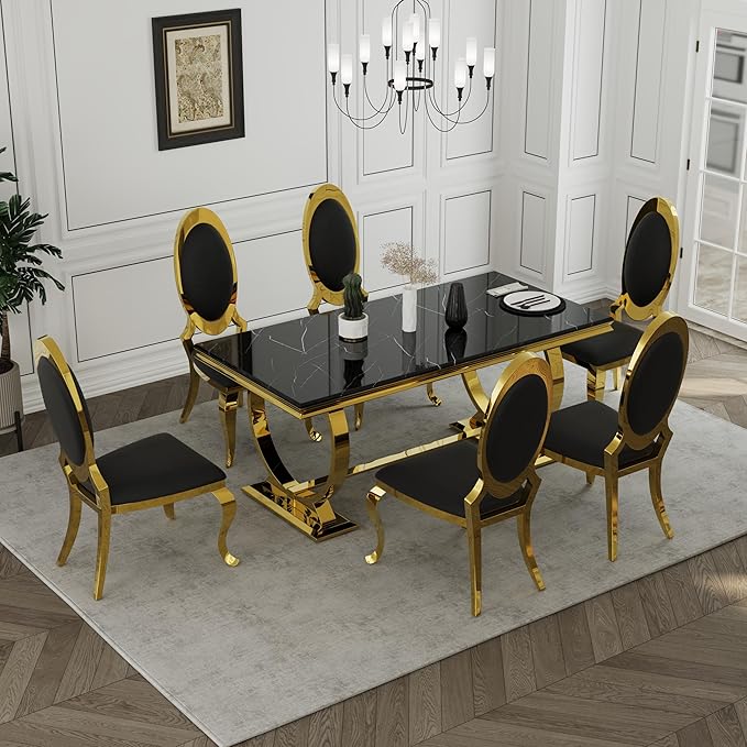 Asday Black and Gold Dining Table, 72 inch Luxury Dining Room Table with Gold Stainless Steel Metal U-Base for 4-8