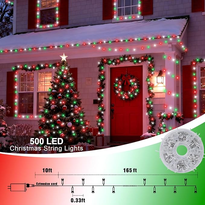 QITONG Red White Green Christmas Light Outdoor Waterproof, 165ft 500 LED String Lights with 8 Modes, Clear Wire Christmas Tree Light Indoor Plug-in