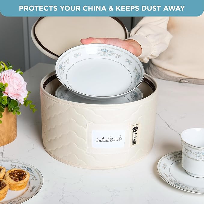 Hard Shell China Storage Containers 12-Piece Set Moving Boxes for Dinnerware, Glasses, Plates, Mugs and Saucers Sturdy Dish Organizer with Dividers for Seasonal Storage - Service for 12 -Beige Quilted