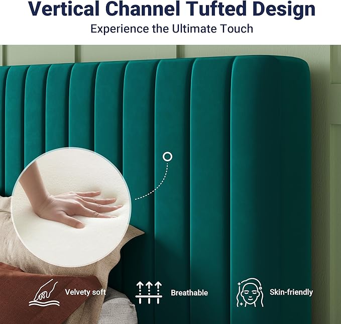 Allewie Twin Bed Frame, Velvet Upholstered Platform Bed with Adjustable Vertical Channel Tufted Headboard, Mattress Foundation with Strong Wooden Slats, Box Spring Optional, Easy Assembly, Teal