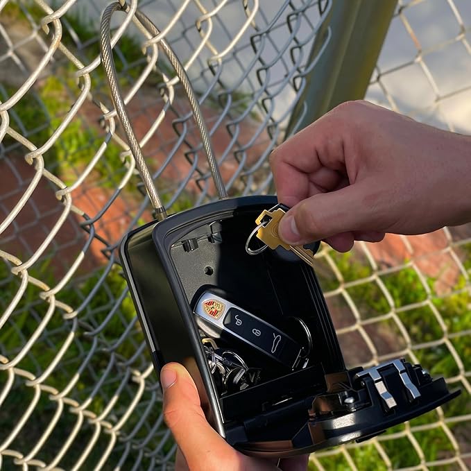 Iron Lock® Key Lock Box Portable with Cable Shackle & Wall Mount – Waterproof Heavy Duty Metal Lock Box for Keys with 4-Digit Combination Code on Door Knob, Fence, Pipe or Gate (Black, XXL)