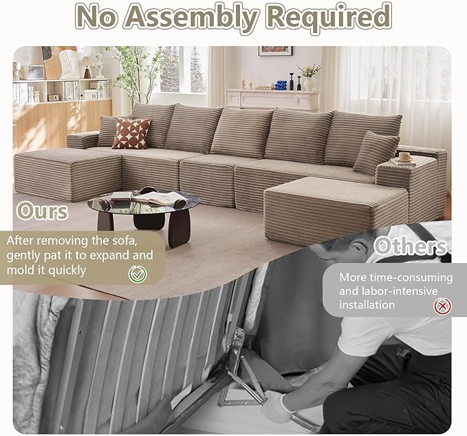 167.7" Sectional Cloud Couch for Living Room, Stupendous U Shaped Sofas, Modular Floor Deep-Seat Sofa, Big Comfy Corduroy Couches Set with Fluffy Memory Foam, No Assembly Required, Camel