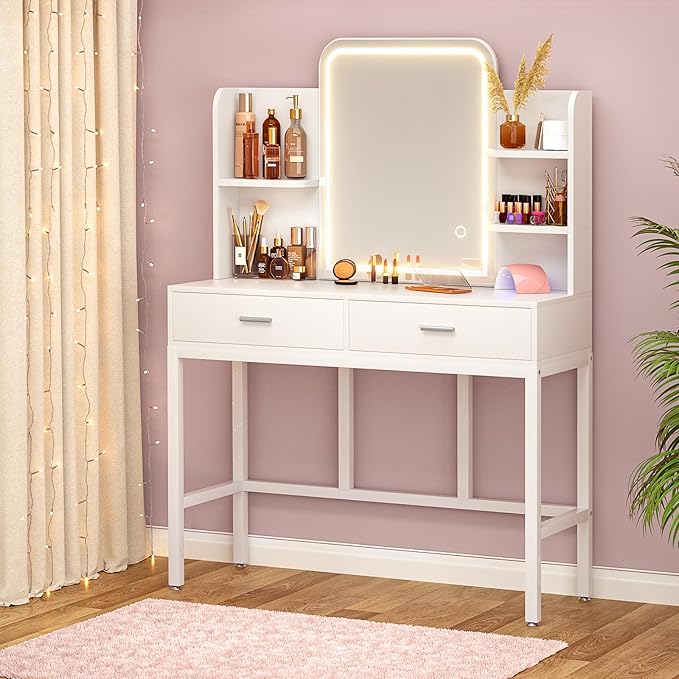 Armocity Vanity Desk with Mirror and Lights, Makeup Vanity with 2 Storage Drawers, Vanity Table Set with 3 Color Lighting Options, Modern Dressing Table with Storage Shelf for Bedroom, White