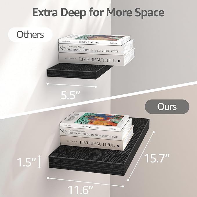 QEEIG 12" Deep Floating Shelves for Wall - 12 x 16 inch Book Shelf Bathroom Bedroom Kitchen Living Room Hanging Bookshelf Farmhouse Set of 3, Black (026-40B3)