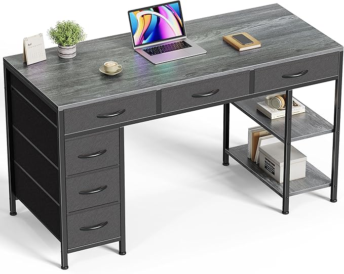 Huuger Computer Desk with 6 Drawers, 47 Inch Office Desk with Shelves, Reversible Gaming Desk, Corner Desk with Storage, for Home Office Study, Living Room, Gray