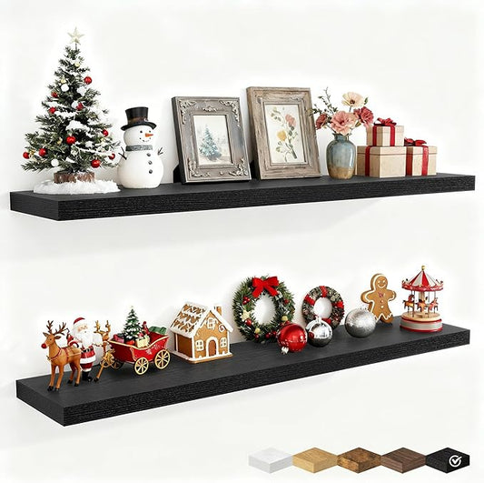 Fun Memories 48 Inch Deep Floating Shelves for Wall, 2 Pack of Long Wall Mounted Wood Shelves with Invisible Brackets for Bathroom, Bedroom, Living Room, Kitchen Decor and Storage, Black